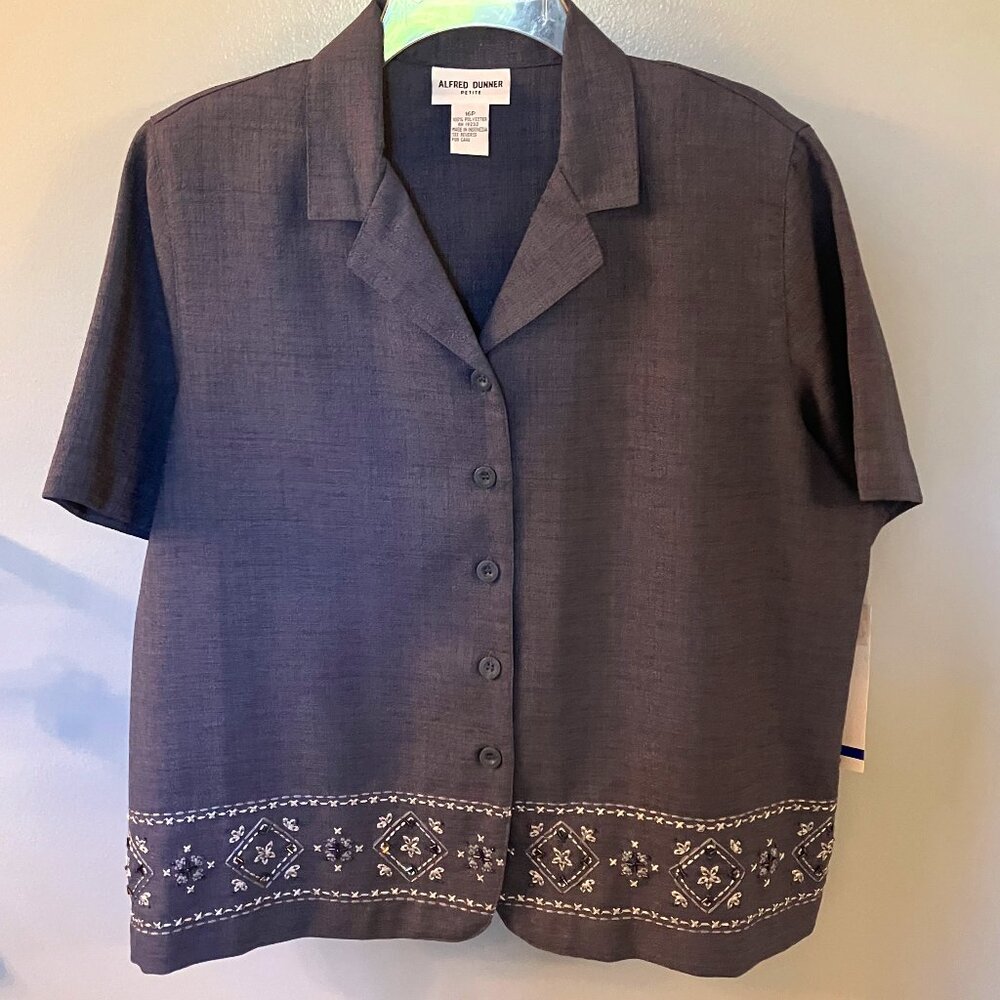 Alfred Dunner Slate Button down embroidered blouse Short sleeve 16P petite NWT